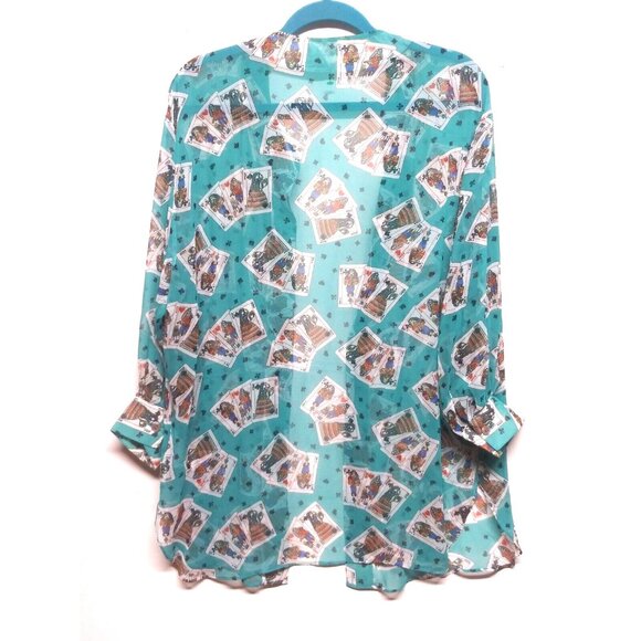 VTG Electre PARIS Duster Top One Size Turquoise Playing cards print Open front - Picture 5 of 9